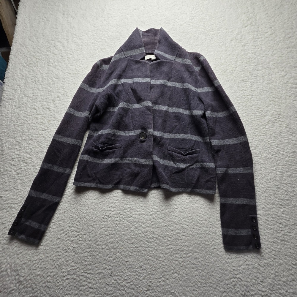 LOFT Cardigan Sweater Womens Medium Gray Striped Collared Button Front Knit